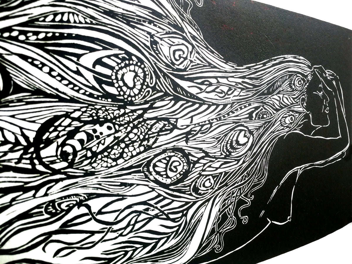 Of Water And Feathers | Original Linocut Print | Peacock Feathers | Hand-pulled Wall Art Decor