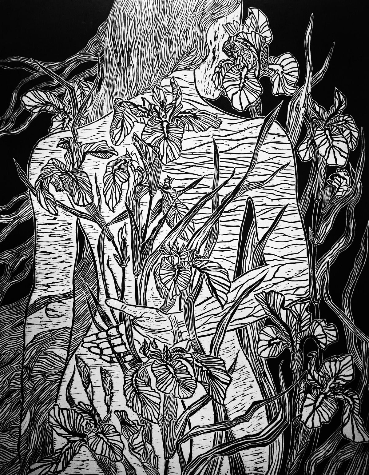 Iris | Original Linocut Print | Botanical Black & White Artwork Hand-pulled Wall Decor