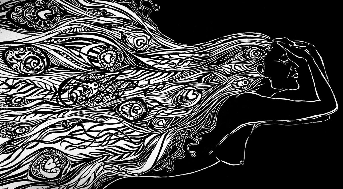 Of Water And Feathers | Original Linocut Print | Peacock Feathers | Hand-pulled Wall Art Decor