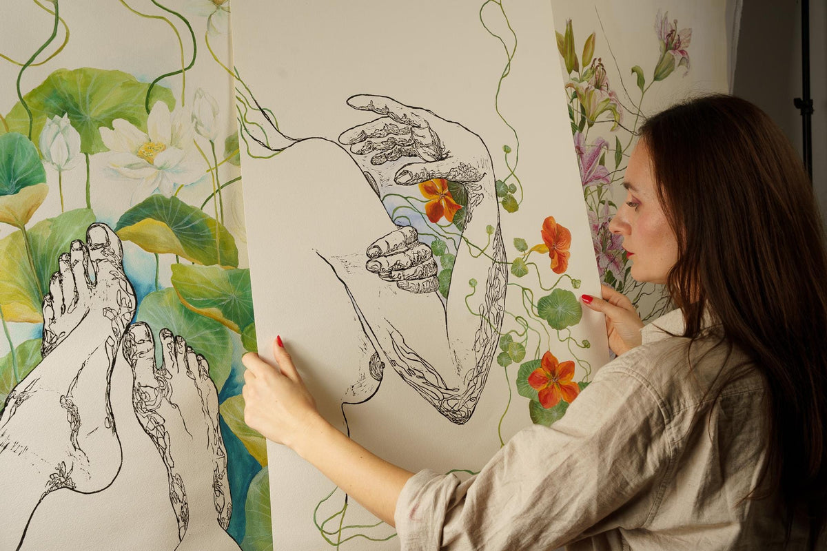 NASTURTIUM – Large Original Botanical Nude Painting – Mixed Media Linocut & Acrylic Art