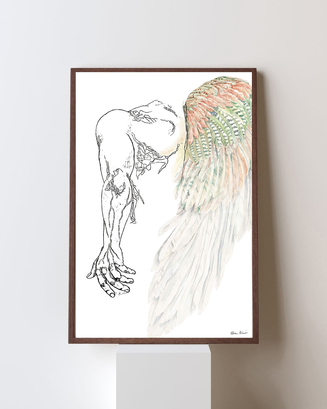 FEATHERS – Large Original Figurative Painting – Mixed Media Linocut & Acrylic Art