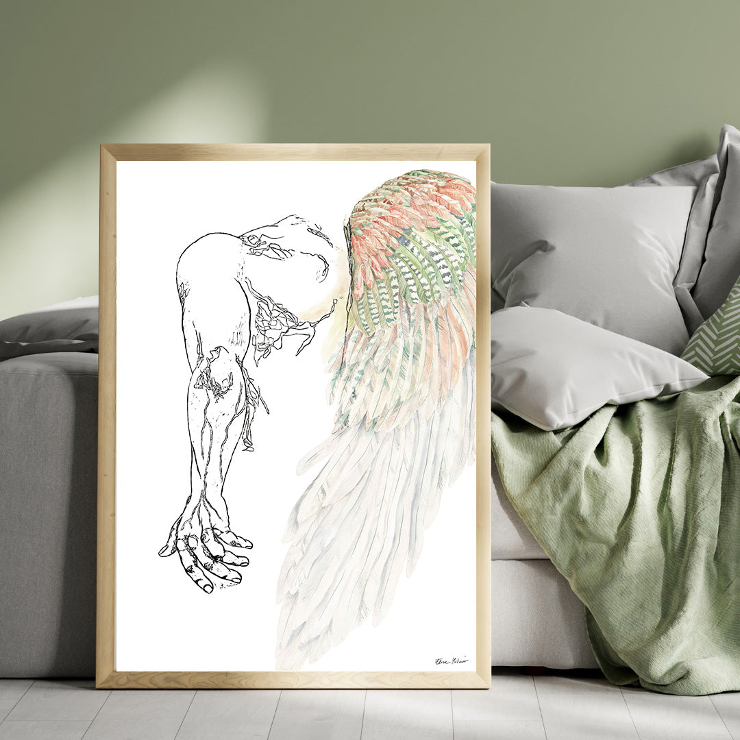 FEATHERS – Large Original Figurative Painting – Mixed Media Linocut & Acrylic Art