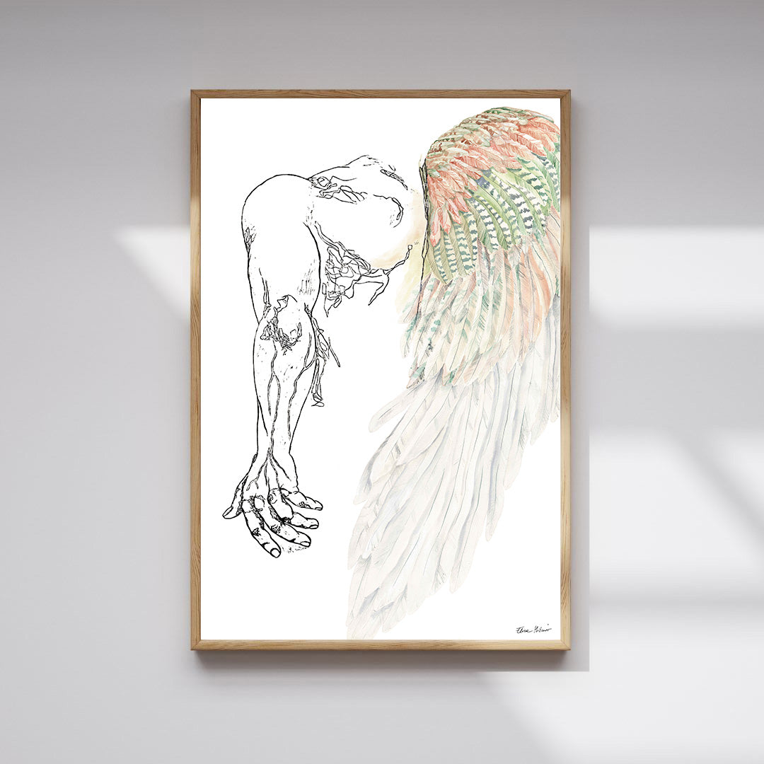 FEATHERS – Large Original Figurative Painting – Mixed Media Linocut & Acrylic Art
