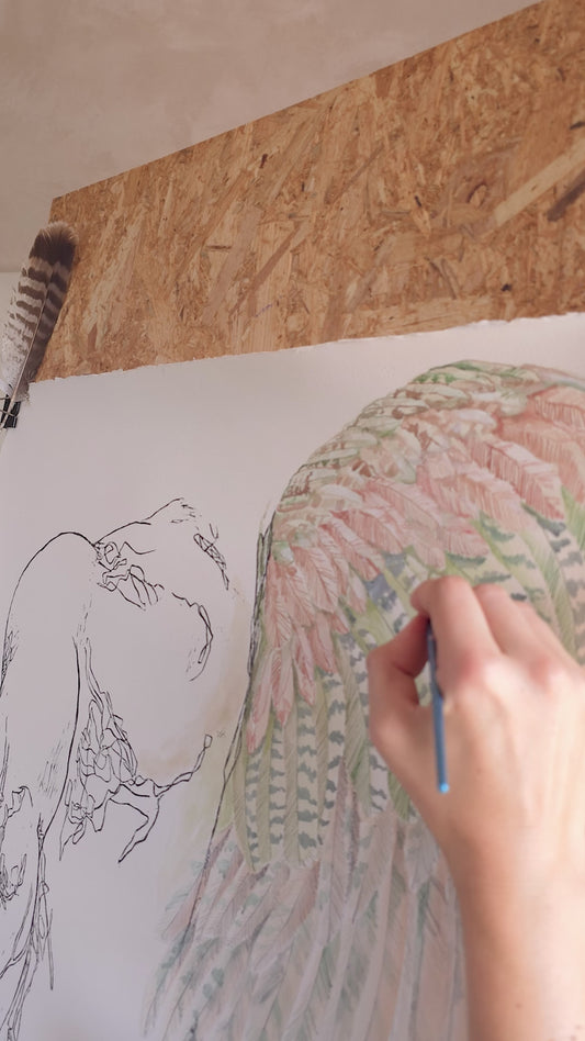 FEATHERS – Large Original Figurative Painting – Mixed Media Linocut & Acrylic Art