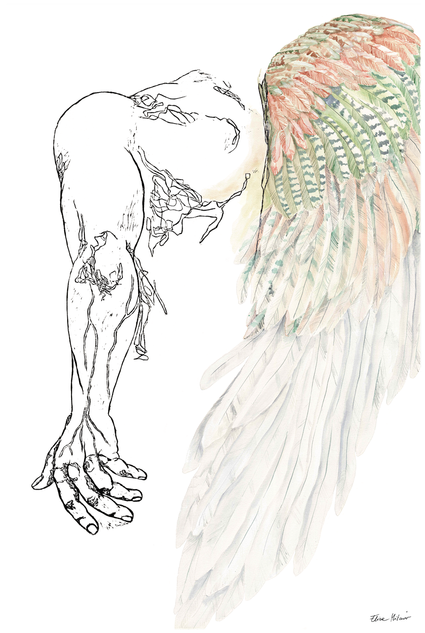 FEATHERS – Large Original Figurative Painting – Mixed Media Linocut & Acrylic Art