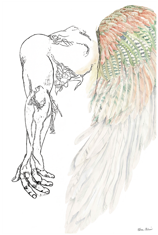 FEATHERS – Large Original Figurative Painting – Mixed Media Linocut & Acrylic Art